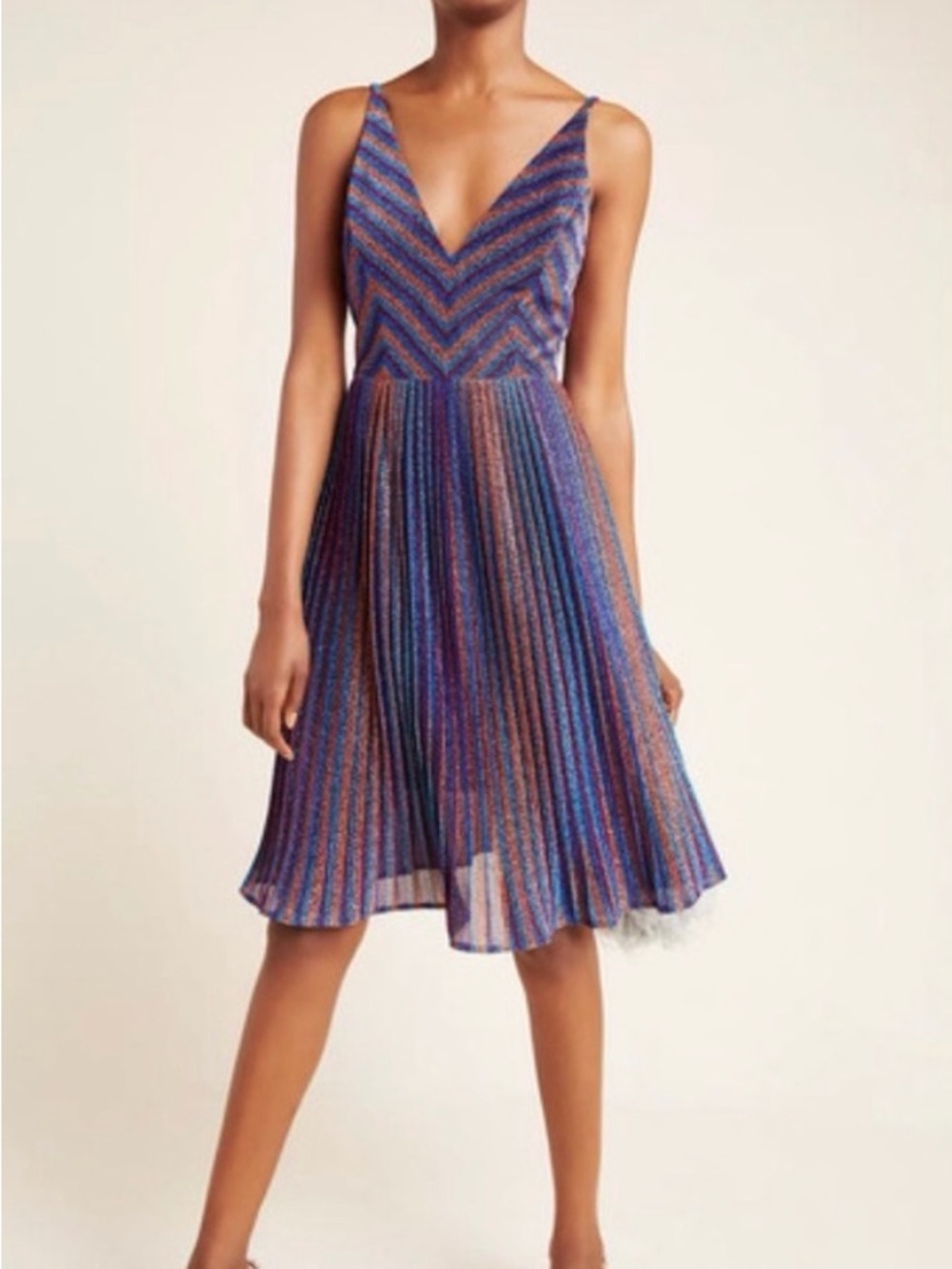Dress the Population Metallic Blue and Copper Striped Pleated V-Neck Midi Dress